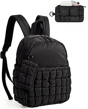 Mini Backpacks for Women, Puffy Checkered Quilted Small Backpack with Pouch, Lightweight Daypack Purse, Water-Resistant Bookbag for Daily Travel College, 2-in-1 Set, Black