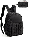 Mini Backpacks for Women, Puffy Checkered Quilted Small Backpack with Pouch, Lightweight Daypack Purse, Water-Resistant Bookbag for Daily Travel College, 2-in-1 Set, Black