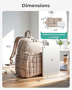 Mini Backpacks for Women, Puffy Checkered Quilted Small Backpack with Pouch, Lightweight Daypack Purse, Water-Resistant Bookbag for Daily Travel College, 2-in-1 Set, Black