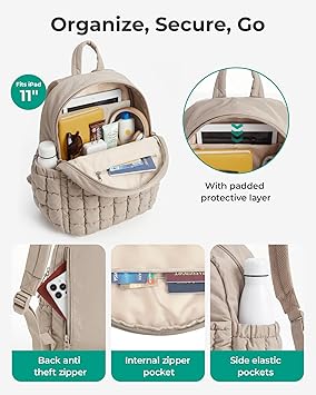 Mini Backpacks for Women, Puffy Checkered Quilted Small Backpack with Pouch, Lightweight Daypack Purse, Water-Resistant Bookbag for Daily Travel College, 2-in-1 Set, Black